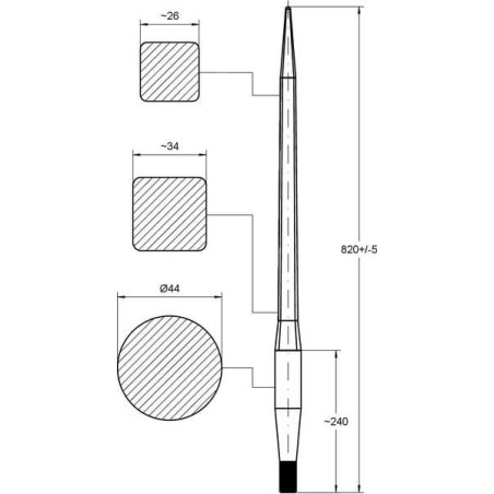 Loader tine straight square section 44x820mm pointed tip
